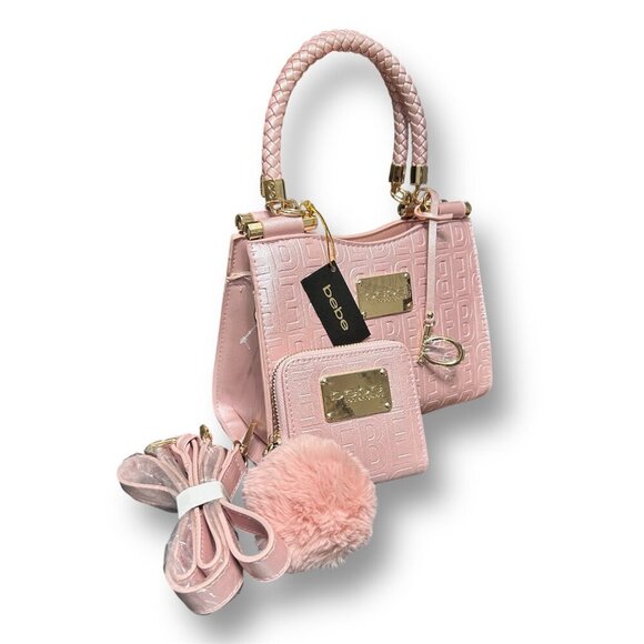 Bebe Alexandra Mini Satchel Gift Set Blush Shine Pink Logo Faux Leather NWT - Picture 12 of 14